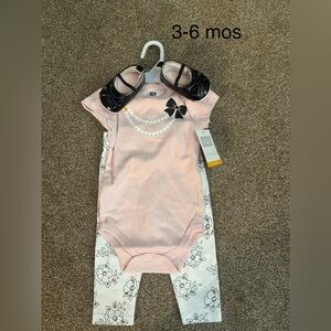 Pink Baby Onesie with Floral Pants and Shoes Sz 3-6 mos BRAND NEW